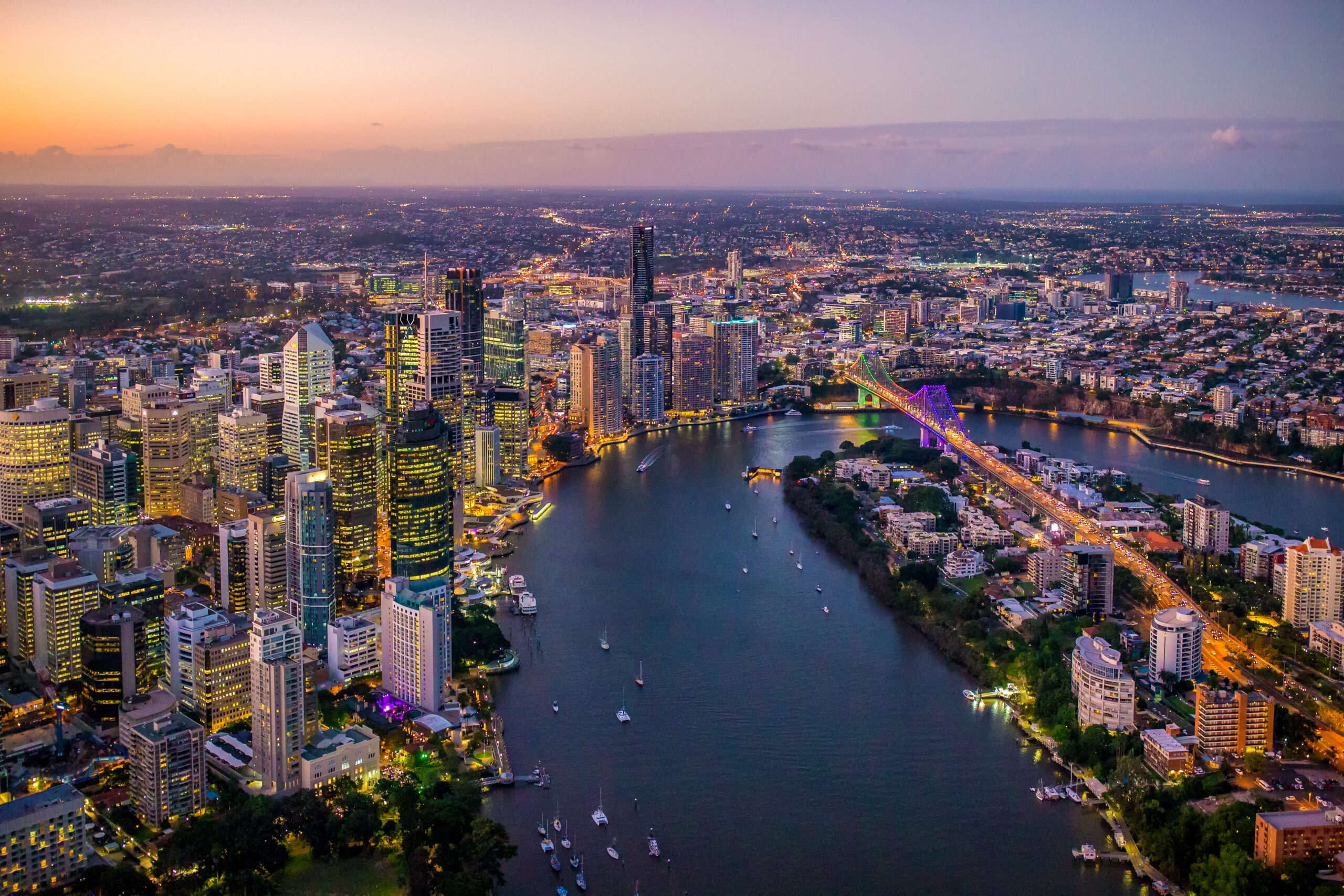 Brisbane City aerial photo at sunset